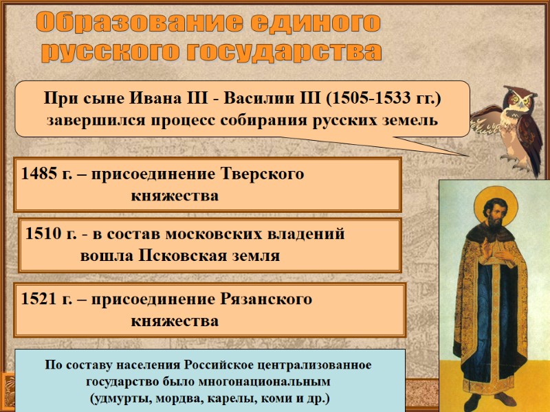 Образование единого русского государства При сыне Ивана III - Василии III (1505-1533 гг.) Образование единого русского государства При сыне Ивана III - Василии III (1505-1533 гг.)
